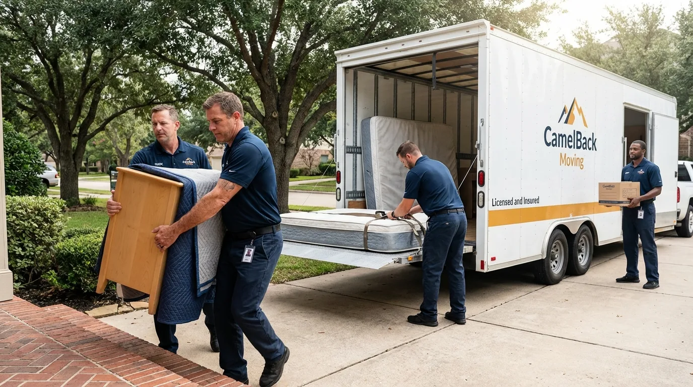 Crew loading residential truck for cross-state move from San Diego, TX