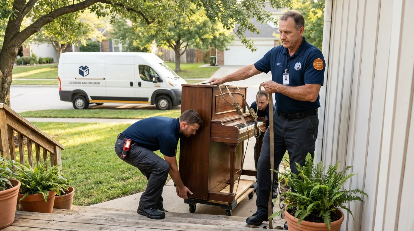 Licensed piano movers securing grand piano in San Diego, TX