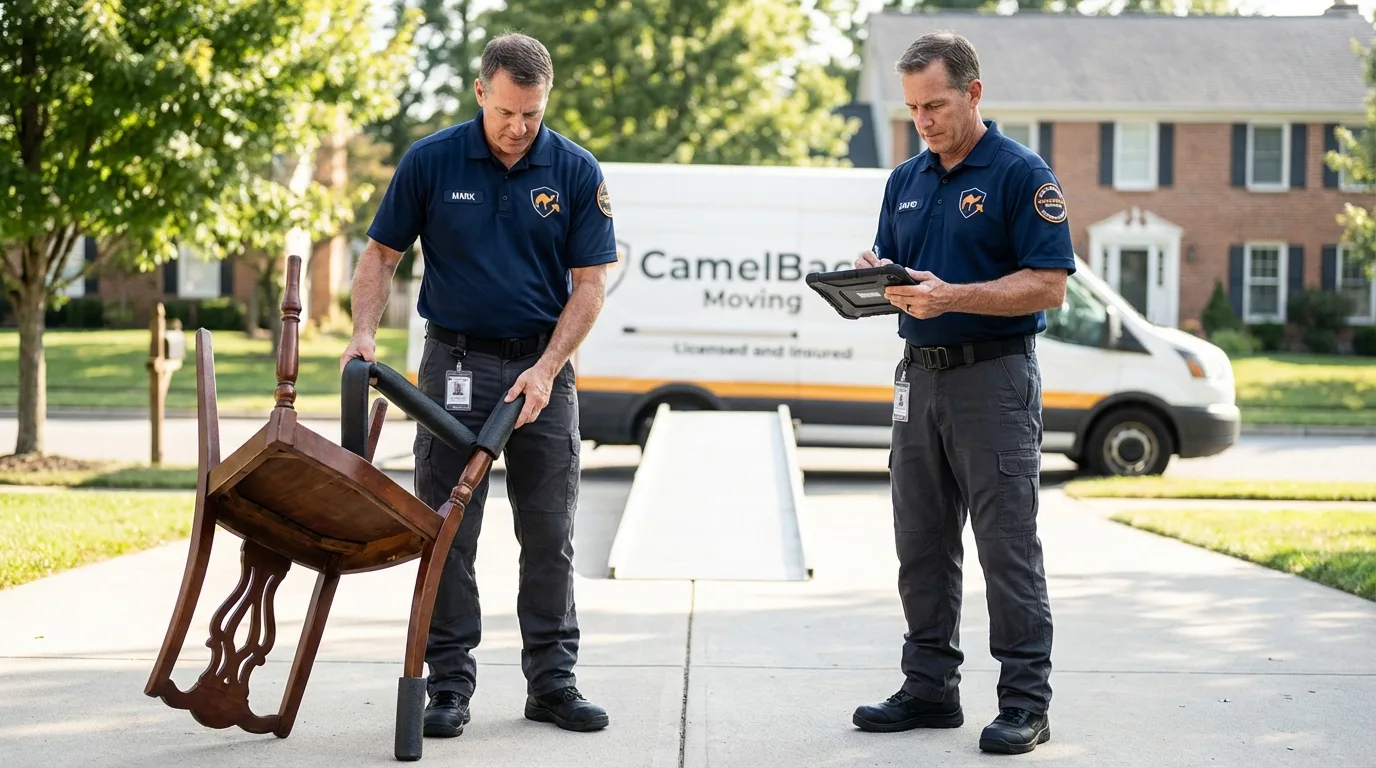Movers inspecting furniture for damage prevention before loading in San Diego, TX