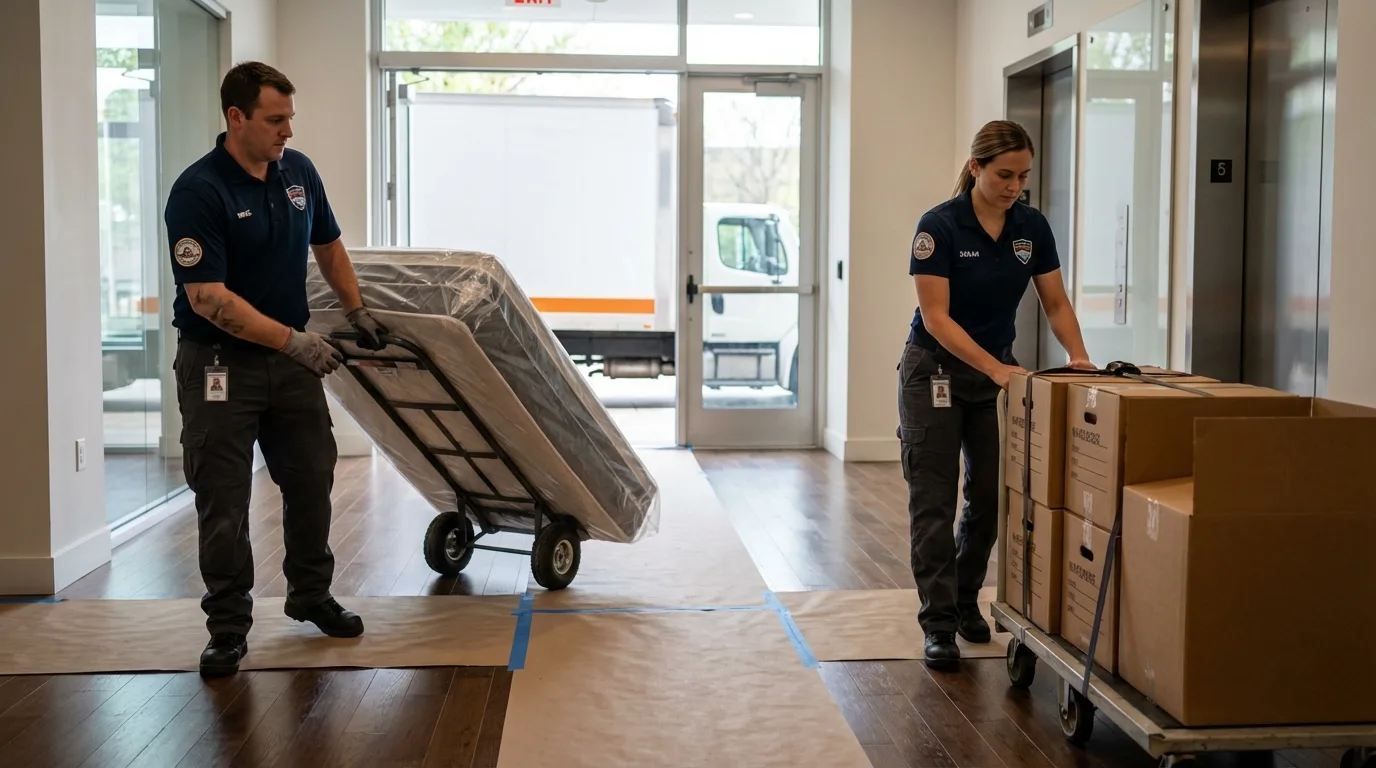 Professional apartment movers loading elevator in San Diego, TX