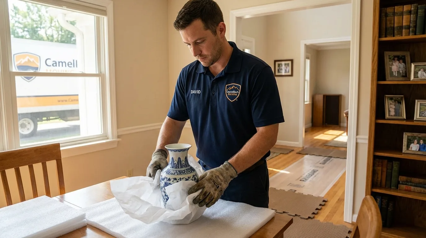 Professional crew carefully wrapping antique vase for senior downsizing move in San Diego, TX